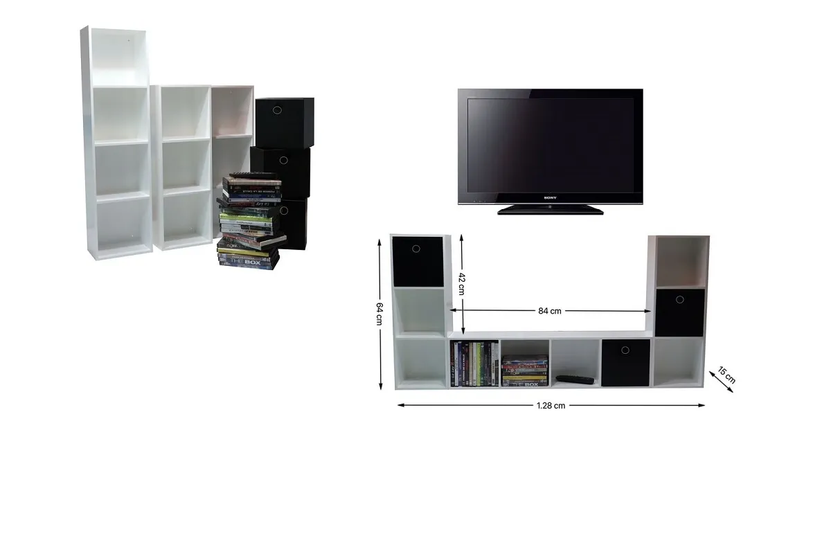 Plano de un mueble de TV con módulos y sus medidas